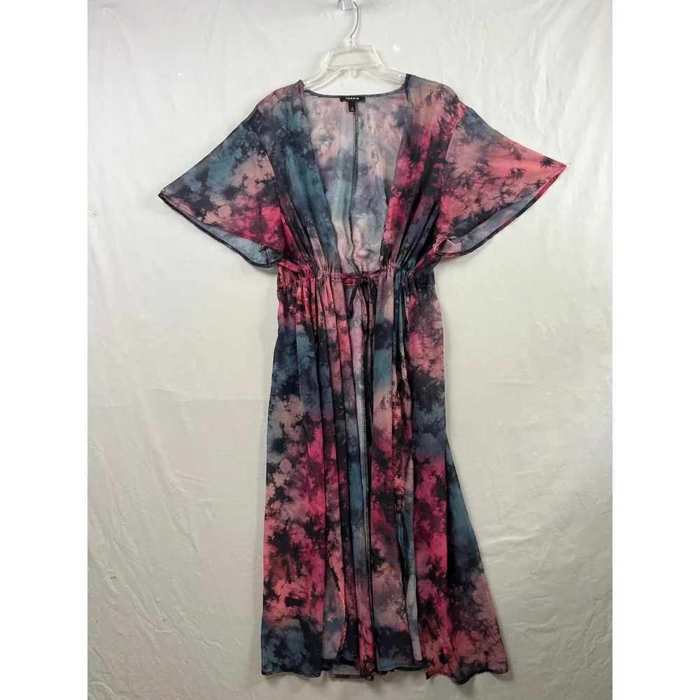 Torrid 2 Maxi Kimono Duster Womens 2X Multicolor Tie Dye Chiffon Drawstring